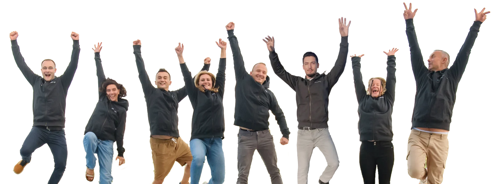 Team der SEO Revolution springt gemeinsam in die Luft und jubelt – ein fröhlicher Moment, der Teamgeist und Begeisterung ausdrückt.