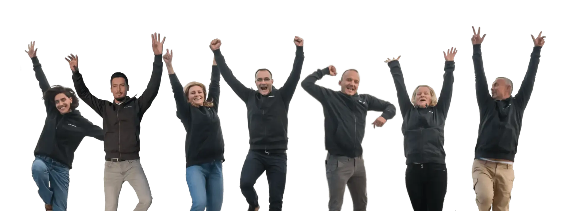 Team der SEO Revolution springt gemeinsam in die Luft und jubelt – ein fröhlicher Moment, der Teamgeist und Begeisterung ausdrückt.