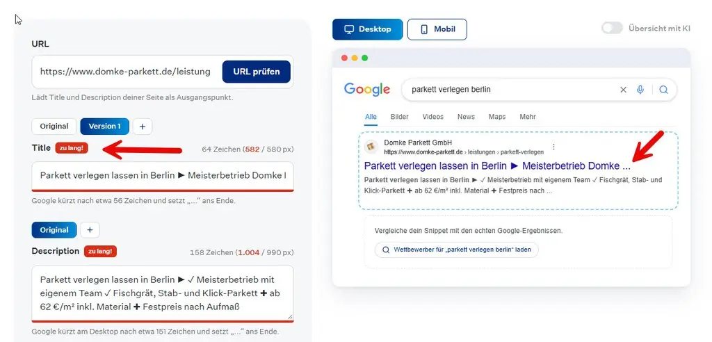 Pixelbreite eines zu langen Titles im SERP Snippet Generator