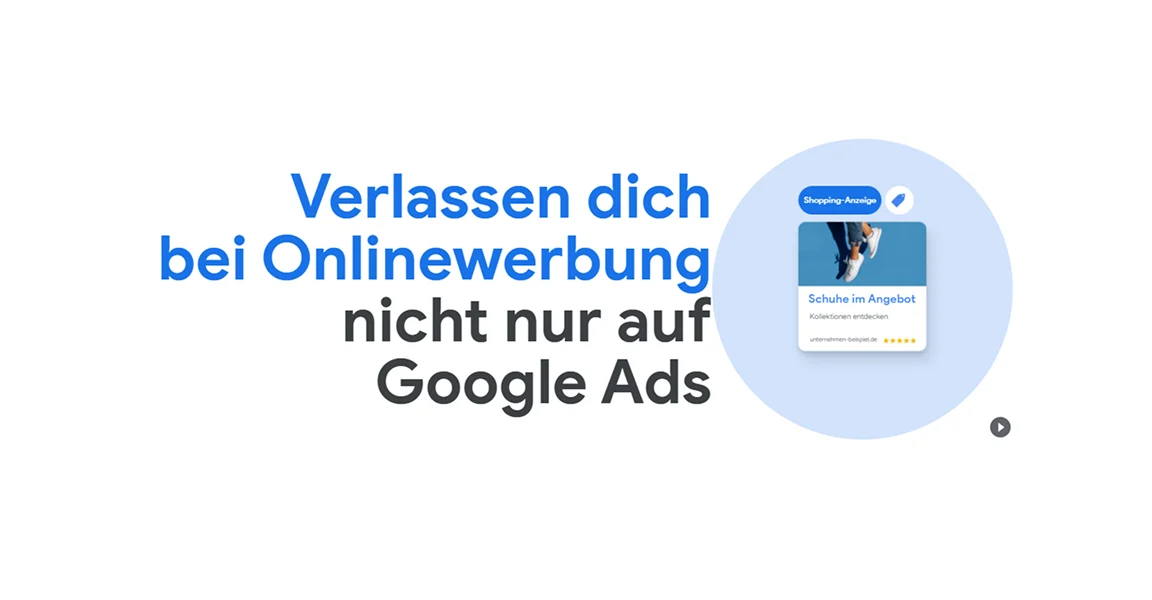 Grafik mit Text „Verlasse dich bei Onlinewerbung nicht nur auf Google Ads“ und Shopping-Anzeige-Beispiel