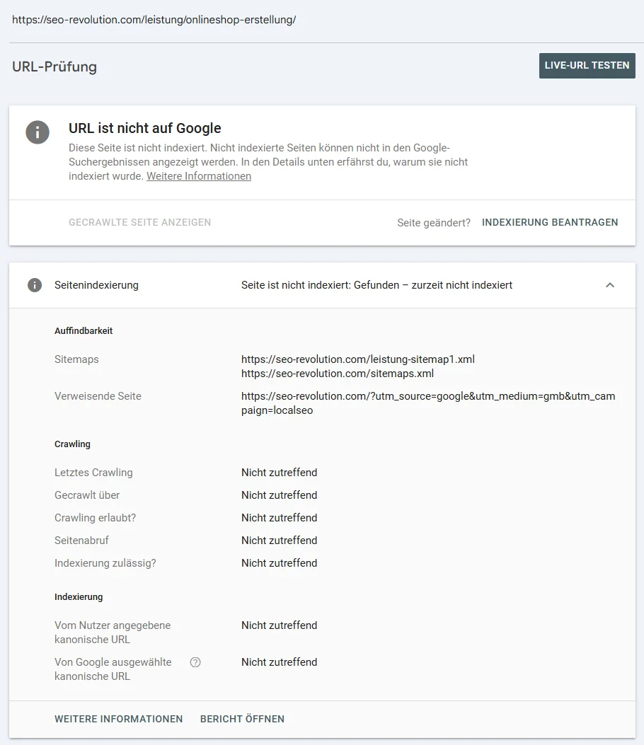 Detailansicht der Google Search Console zu nicht indexierten Seiten mit Diagrammverlauf, betroffenen URLs und markierter Schaltfläche URL prüfen.