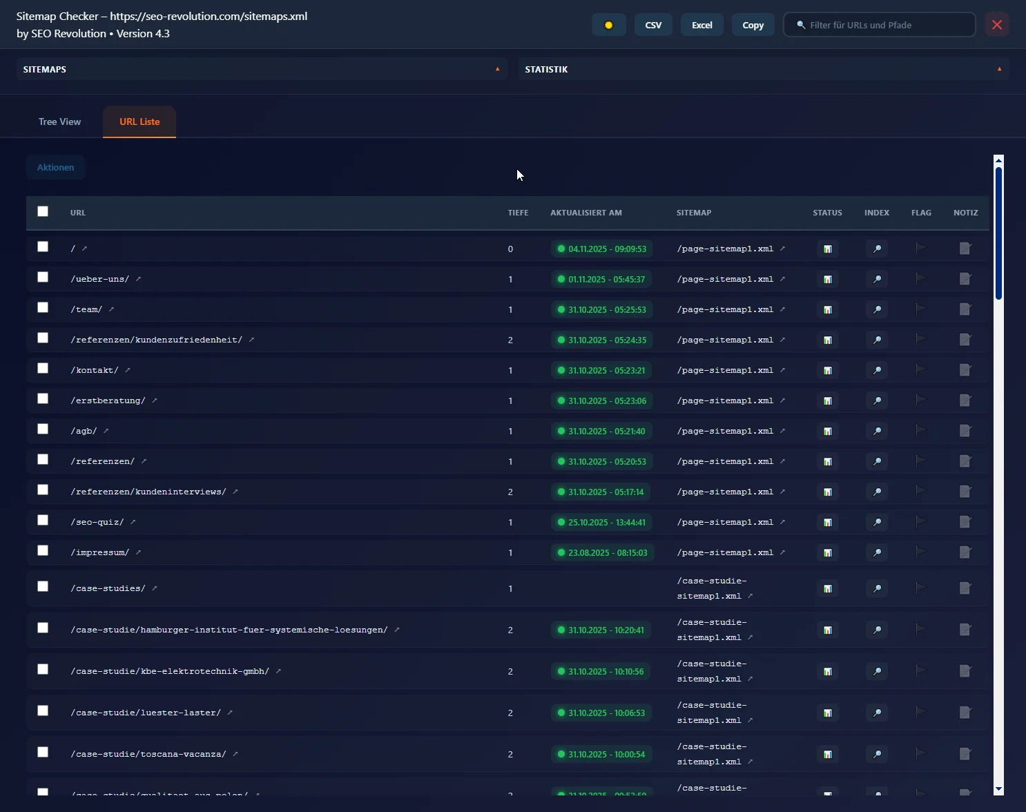 Sitemap Checker Browser Bookmarklet mit tabellarischer URL Liste inklusive Tiefe Aktualisierungsdatum Sitemap Zuordnung Index Status Flags und Notizen
