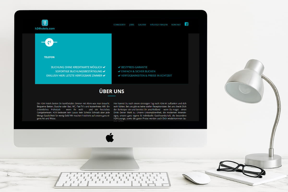 Älteres Webdesign einer Hotel-Website auf einem Desktop-Bildschirm – veraltetes Layout mit dunkler Farbgestaltung und geringer Nutzerfreundlichkeit