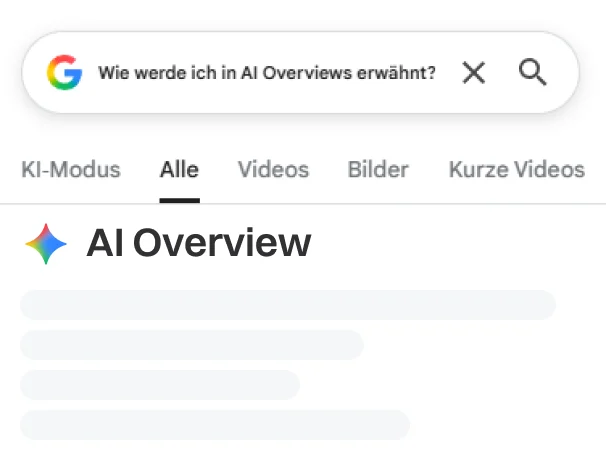 Google-Suche mit der Anfrage „Wie werde ich in AI Overviews erwähnt?“ und einer hervorgehobenen Antwort mit dem Titel „AI Overview“.