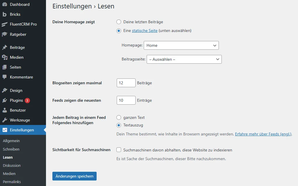 WordPress Einstellung Seite Lesen zeigt die Option Sichtbarkeit für Suchmaschinen um die Indexierung der gesamten Website zu erlauben oder per noindex zu blockieren